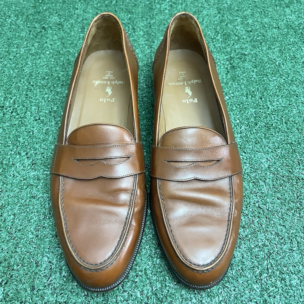 Polo Ralph Lauren Penny Loafer Shoes 12 D Cognac Calf Leather Made in Italy